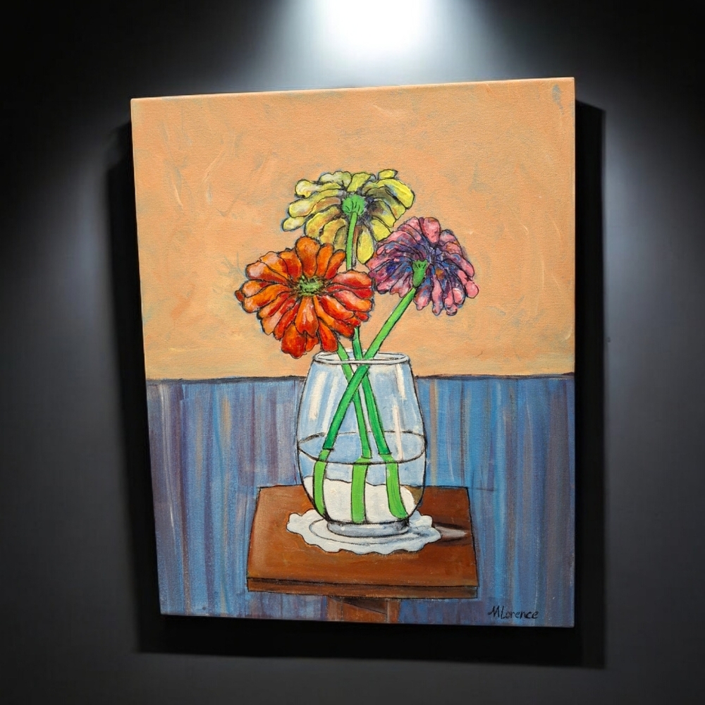 Floral Zinnias Flowers Still Life Painting on Canvas Signed By M Lorence 16"x20"